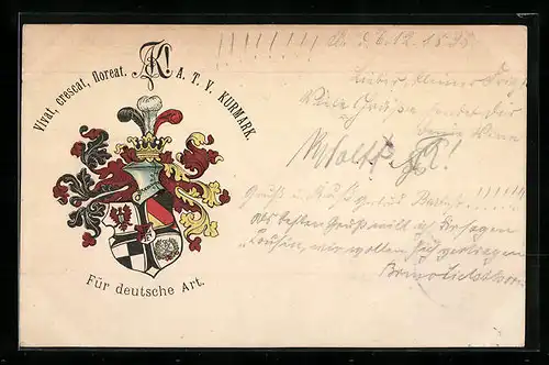 Lithographie Vivat, crescat, floreat, A.T.V. Kurmark, Für deutsche Art, Studentenwappen