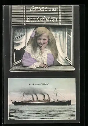 Grusskarten-AK Bremerhaven, Dampfer Kronprinz Wilhelm, Blondes Mädchen am Fenstersims