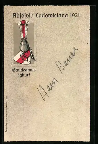 Künstler-AK Absolvia Ludowiciana 1921, Gaudeamus igitur!, Studentenwappen