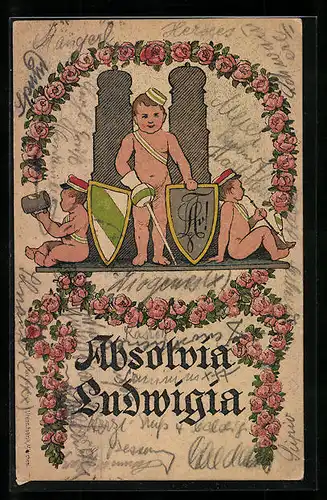 Künstler-AK München, Absolvia Ludwigia, Nackte Burschen mit Schläger, Tönnchen und Pfeife