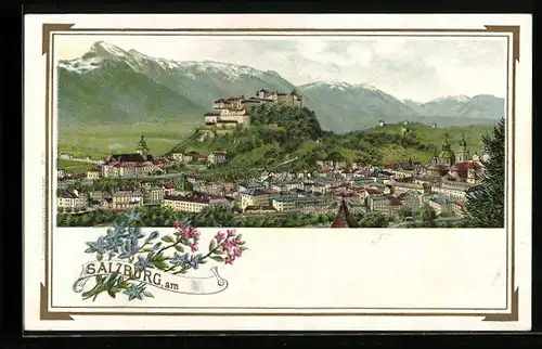 Lithographie Salzburg, Totalansicht mit Blumen-Motiv