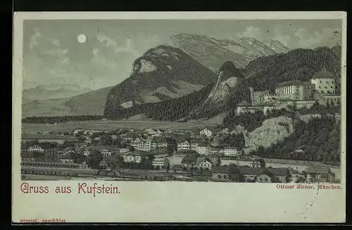 Mondschein-Lithographie Kufstein, Teilansicht mit Bergen