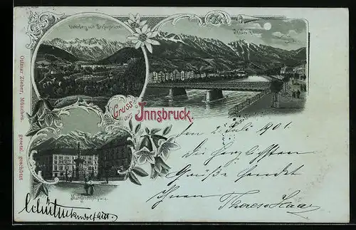 Mondschein-Lithographie Innsbruck, Innbrücke, Unterberg mit Stefansbrücke