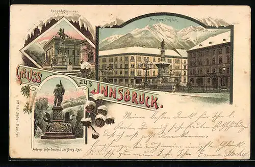 Lithographie Innsbruck, Leopoldsbrunnen, Andreas Hofer Denkmal, Margarethenplatz