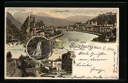Lithographie Salzburg, Blick von Mülln, Hellbrunn, Gaisbergbahn