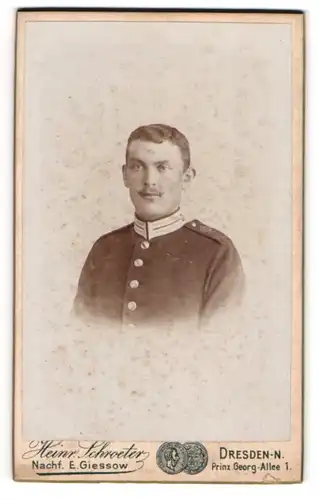 Fotografie Heinr. Schroeter, Dresden-N., Prinz Georg-Allee 1, Uniformierter Gardesoldat im Portrait