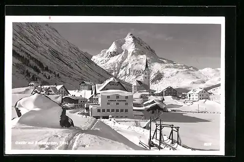 AK Galtür, Ortsansicht im Schnee mit Ballunspitze