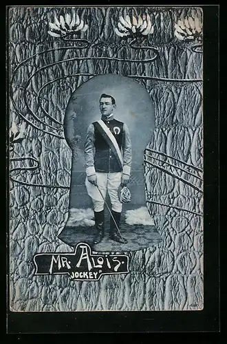 Passepartout-AK Mr. Alois, Portrait des Jockeys in Arbeitskleidung, Blumen