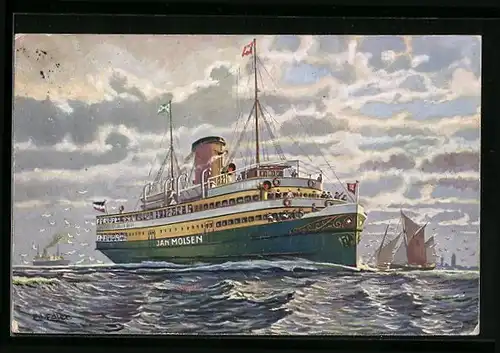 Künstler-AK Passagierschiff Jan Molsen nähert sich dem Hafen