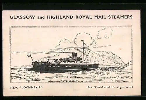 AK T.S.V. Lochnevis, Glasgow and Highland Royal Mail Steamers, Passagierschiff vor bergiger Küste