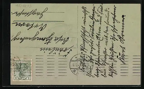 Präge-AK Maikäfer auf einem Maiglöckchenstiel, Pfingstgruss