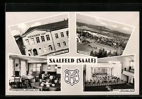 AK Saalfeld /Saale, Gesamtansicht mit Theater u. Gaststätte Meininger Hof