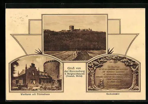 AK Ravensburg b. Borgholzhausen, Blick auf die Ravensburg mit Gedenktafel u. Wartturm