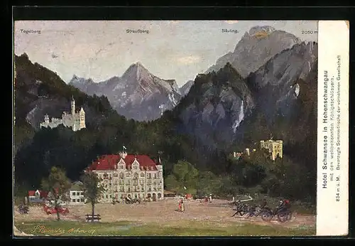 Künstler-AK Hohenschwangau, Hotel Schwansee mit Königsschlössern und Gebirgskette
