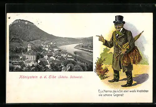 AK Königstein a. d. Elbe /Sächs. Schweiz, Ortsansicht mit einem Herren im Anzug