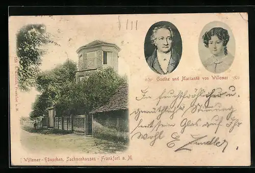 AK Sachsenhausen /Frankfurt a. M., Willemer-Häuschen mit Goethe u. Marianne