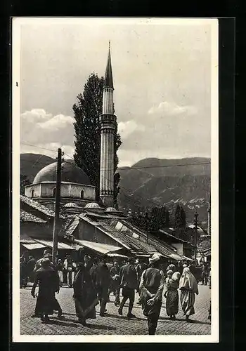 AK Sarajewo, Moschee mit Minarett neben dem Marktplatz
