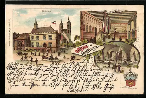 Lithographie Göttingen, Ortsansicht mit Rathaus und Ratskeller