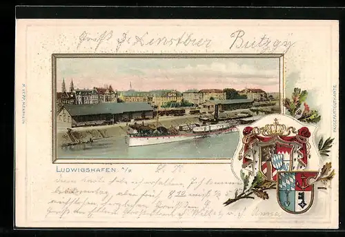 Passepartout-Lithographie Ludwigshafen a. R., Ortsansicht mit Rheindampfer und Wappen