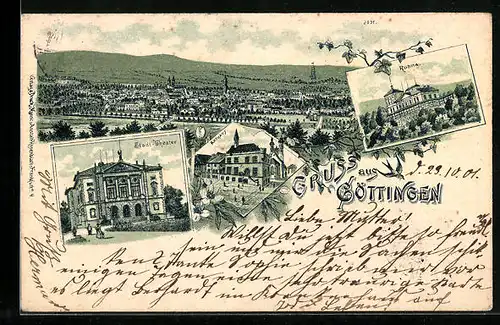 Lithographie Göttingen, Gasthaus Rohns, Stadt-Theater, Rathaus