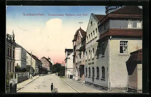 AK Grünhainichen, Hauptstrasse, Rathaus und Post