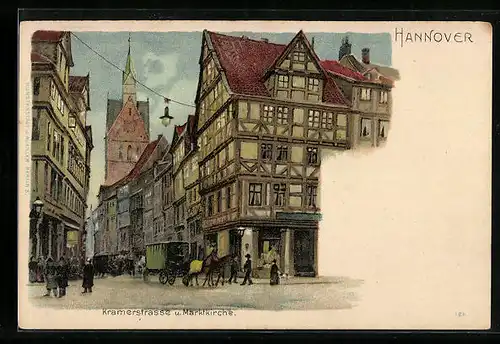 Lithographie Hannover, Kramerstrasse und Marktkirche