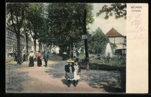 AK Weimar, Carlsplatz mit Springbrunnen & Kindern