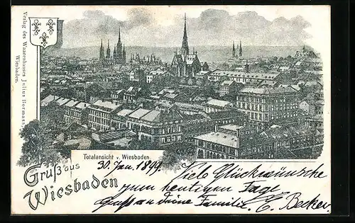 Lithographie Wiesbaden, Totalansicht aus der Vogelschau
