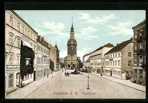 AK Schandau a. E., Marktplatz mit Kirche und Hotel Anker