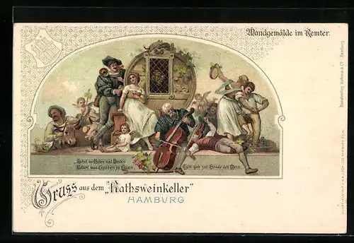 Lithographie Hamburg, Restaurant Rathsweinkeller, Wandgemälde im Remter