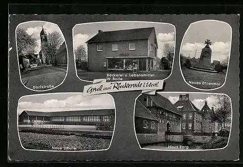 Passepartout-AK Rinkerode /Westf., Bäckerei W. Bolle, Haus Borg, Neues Ehrenmal