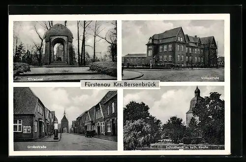AK Fürstenau, Ehrenmal, Volksschule, Grosse Strasse, Schlossteich m. kath. Kirche