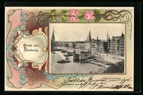 Passepartout-Lithographie Hamburg-Neustadt, Jungfernstieg aus der Vogelschau, Blumengirlanden