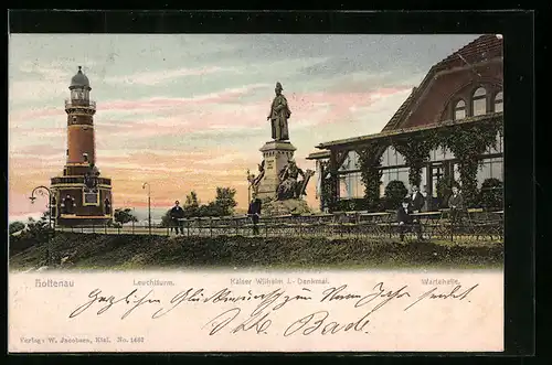 AK Kiel-Holtenau, Ansicht mit Leuchtturm, Wartehalle und Kaiser Wilhelm I.-Denkmal