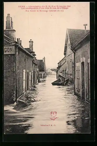 AK Sens, Inondations de Janvier 1910, Rue Cécile de Marsangy, Hochwasser
