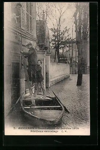 AK Asnieres, Inondations de Janvier 1910, Périlleux Sauvetage