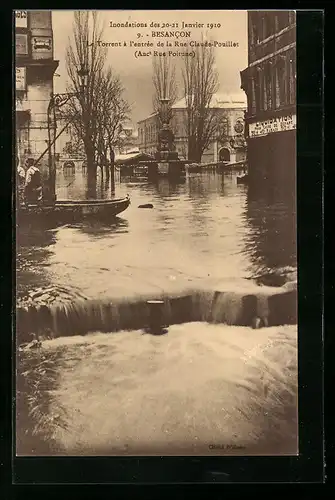 AK Besancon, Inondation des 20-21 Janvier 1910, Le Torrent à l`entrée de la Rue Claude-Pouillet