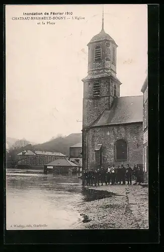 AK Chateau-Regnault-Bogny, L`Eglise et la Place, Inondation de Février 1910