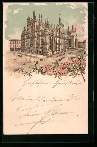 Lithographie Mailand, Kutschen und Pferdebahn am Dom