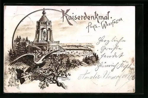 Lithographie Porta Westfalica, Kaiserdenkmal mit Umgebung