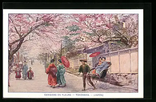 Künstler-AK Yokohama, Cerisiers en Fleurs, Rikscha zur Baumblüte