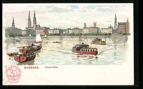 Lithographie Hamburg, Binnen-Alster mit Booten und Blick auf die Stadt