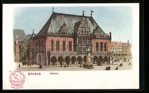Lithographie Bremen, Ansicht vom Rathaus