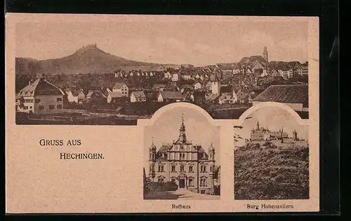 AK Hechingen, Rathaus, Burg Hohenzollern und Ortsansicht