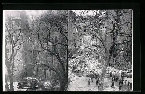 AK Stuttgart, Brand des Alten Schlosses 1931, Vor und nach der Einsturzkatastrophe