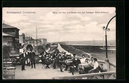 AK Cuxhaven, Blick auf See und Reede von der Terrasse Hotel Bellevue