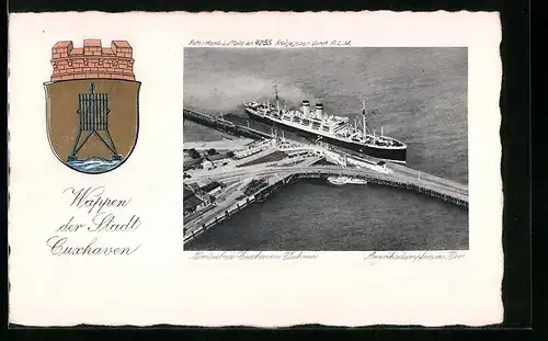 Präge-AK Cuxhaven-Duhnen, Nordseebad, Amerikadampfer am Pier, Wappen