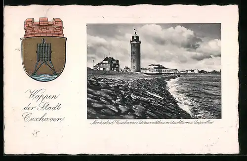 Präge-AK Cuxhaven, Nordseebad, Lotsenwachthaus mit Leuchtturm und Seepavillon, Wappen