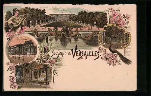 Lithographie Versailles, Chapelle, Bassin d`Apollon