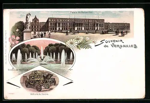 Lithographie Versailles, Palais, Bassin de Neptune